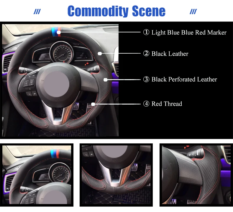 Черные кожаные светло-голубой синий и красный цвета маркер рулевого колеса автомобиля крышки для Mazda 3 Axela Mazda 6 Atenza Mazda 2 CX-3 CX3 CX-5 CX5