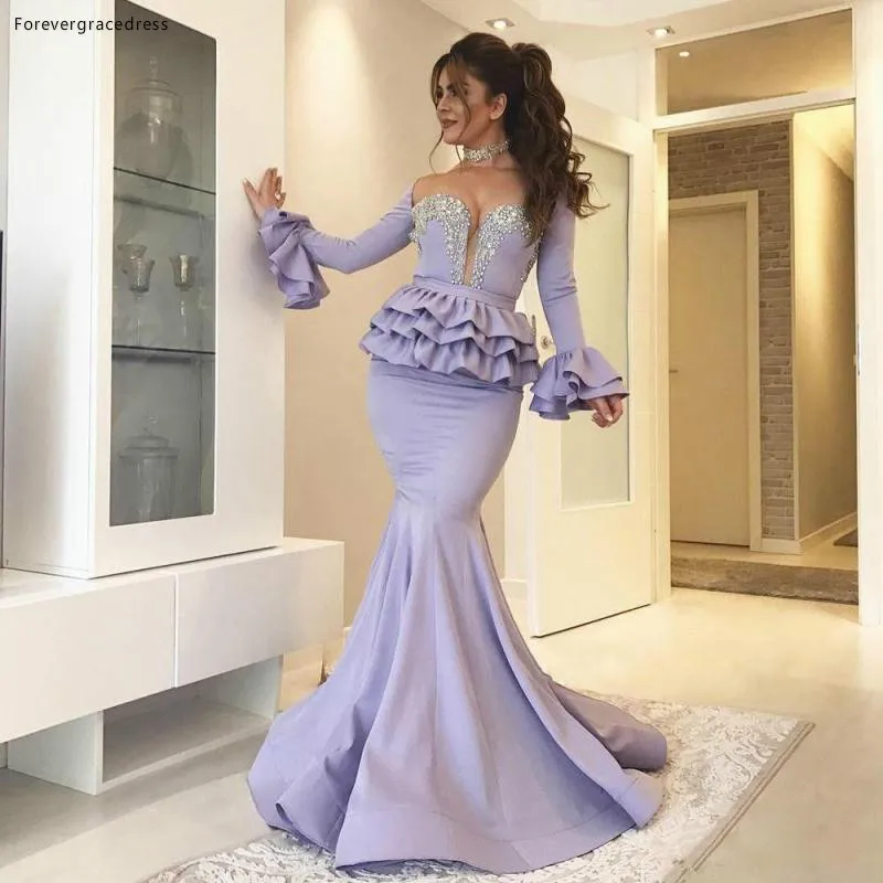 LilacLavender Mermaid Evening Dresses Peplum Tired Beads Sequins Long Sleeves Sheer Neck Prom Dress Satin Pageant Gowns Arabic Dubai 158