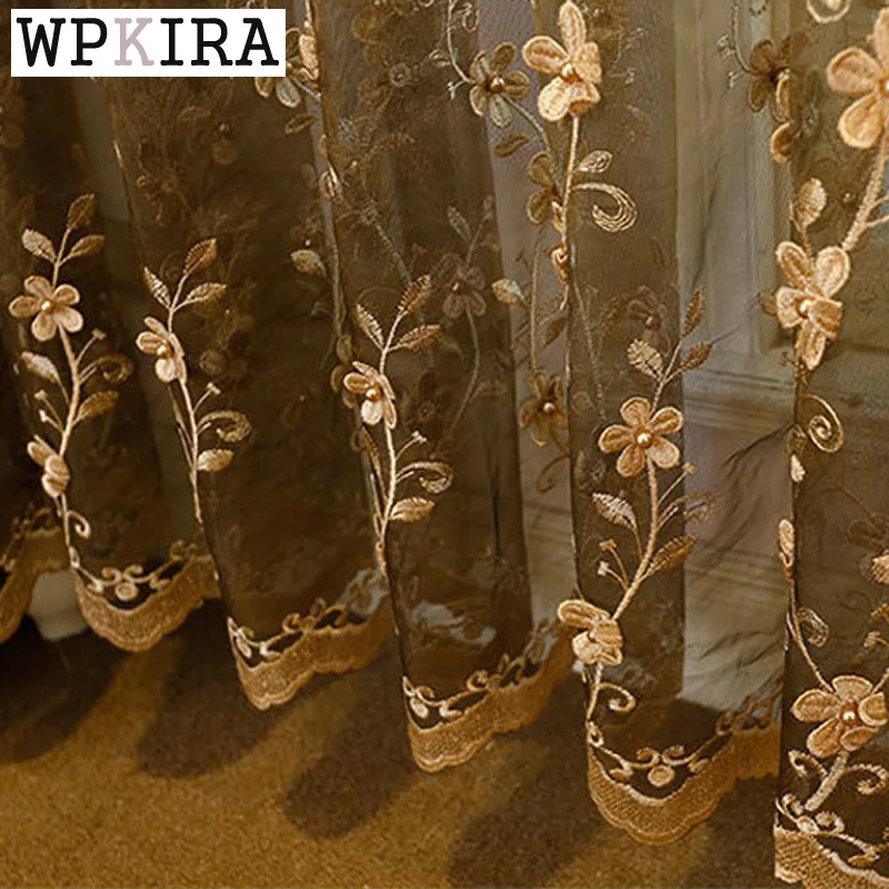 

European Pearl Embroidery Flower Beige Sheer Voile Cortinas For the Living Room Coffee Curtain Tulle For Bedroom Balcony 362&30