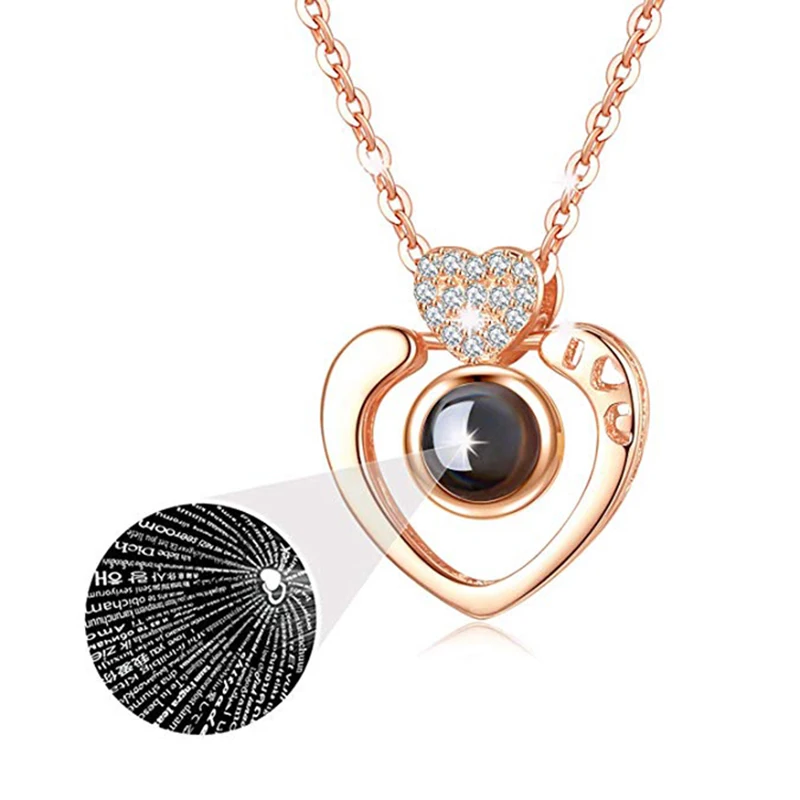 Супер романтическое Ожерелье I Love You, проекция на 100 языках, ожерелье в форме сердца для него, ожерелье с подвеской и памятью - Окраска металла: Rose gold