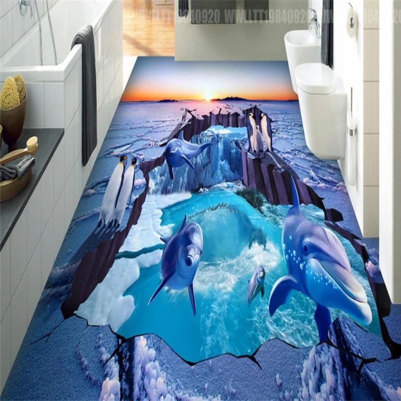 beibehang 3D Glacier Penguin Custom Photo Floor 3D Wall paper for Bathroom Mural-3d PVC Self-adhesive Wallpaper flooring