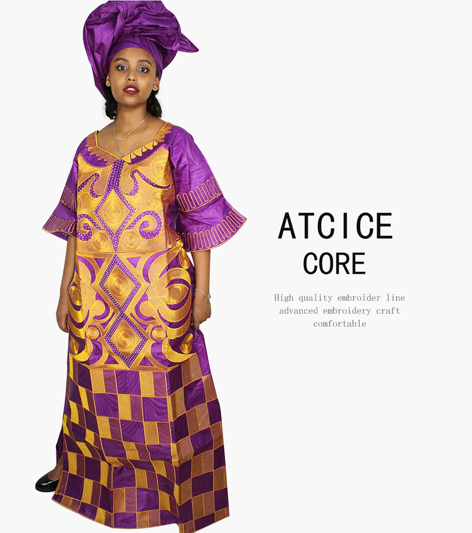 African Dresses For Woman Bazin Riche Computer Emboridery Plus Size Long Dress With Scarf A023 african robe