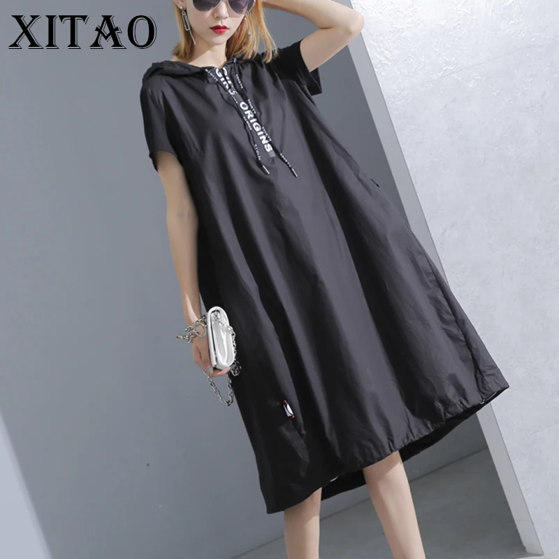 

XITAO Hoodie Black Midi Dress 2019 Women Short Sleeve Plus Size Elegant Womens Clothing Pullover A Line Party Dress New KY428
