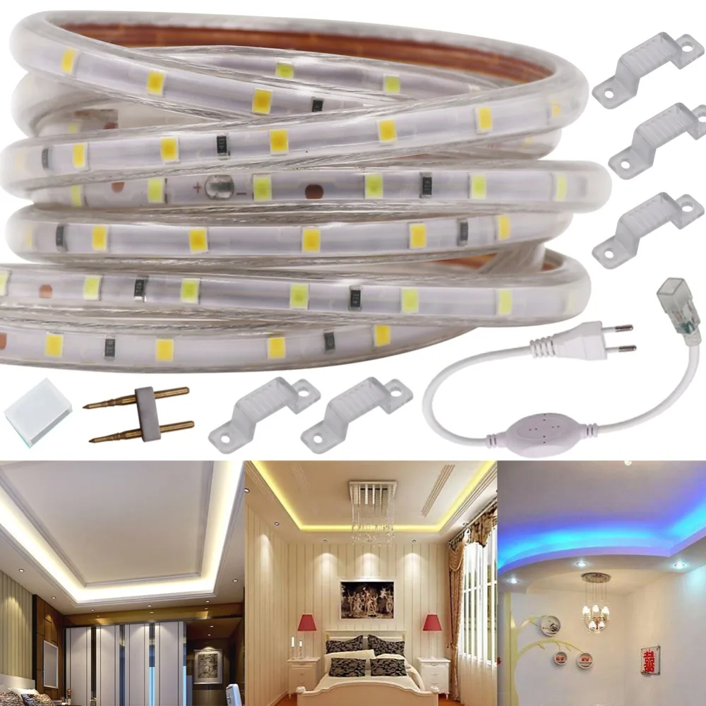 cheap AC220V SMD 2835 LED Strip 60Leds m 120Leds m Flexible Waterproof No Wire LED Strip Light Ribbon Tape Decor With EU Power Plug