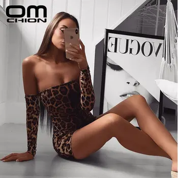 

2018 Autumn Winter Sexy Dress Women Long Sleeve Slim Off Shoulder Strapless Leopard Strapless Backless Strap Club Mini Dresses