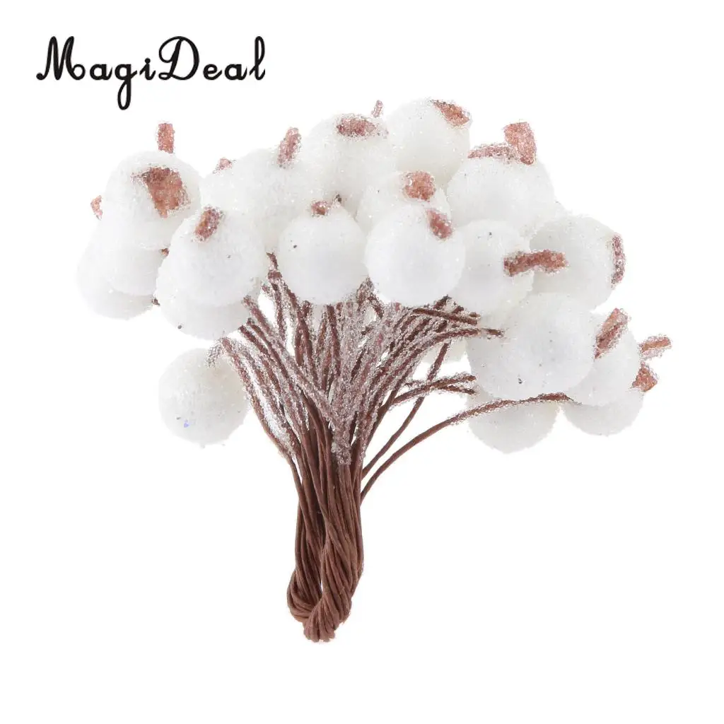 MagiDeal Fake Flowers 200x Mini Christmas Frosted Fruit Berry Holly Artificial Flower Decor for Christmas Tree Decoration White