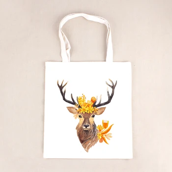 

High Quality Cotton Canvas Eco Handmade Deer Cartoon 3D Print Bags Storage Bag Shoulder Handbags Shopping Zipper Tote Bag BB243