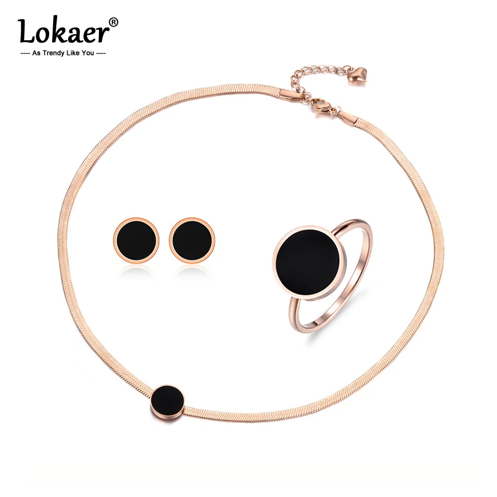 

Lokaer Trendy Black Acrylic Stainless Steel Snake Chain Thin Necklace Bracelet Earrings Rings Jewelry Sets For Women Girl SE004