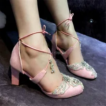 Cute Rhinestone Thick High Heels Wedding Dress Shoes Woman Lace Up Gladiator Sandals Pink Suede Women Pumps Valentine Shoe