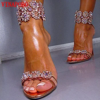 

Women Bling Bling Peep Toe Clear PVC Rhinestone Elastic Women Gladiator sandals Transparent Crystal High Heels Wedding Shoes