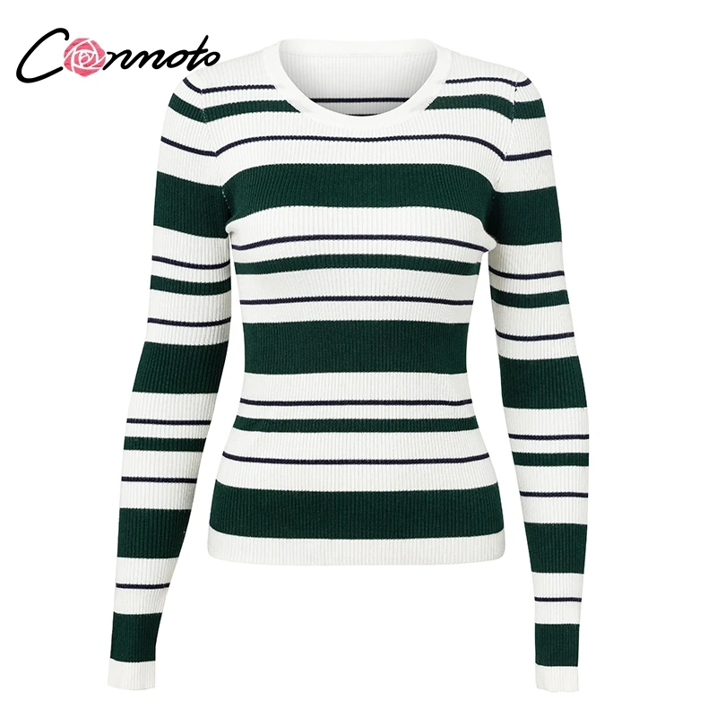 Conmoto Повседневный базовый свитер, вязаный свитер с круглым воротником, элегантный пуловер в полоску, ребристый джемпер, осень-зима - Цвет: Green Striped