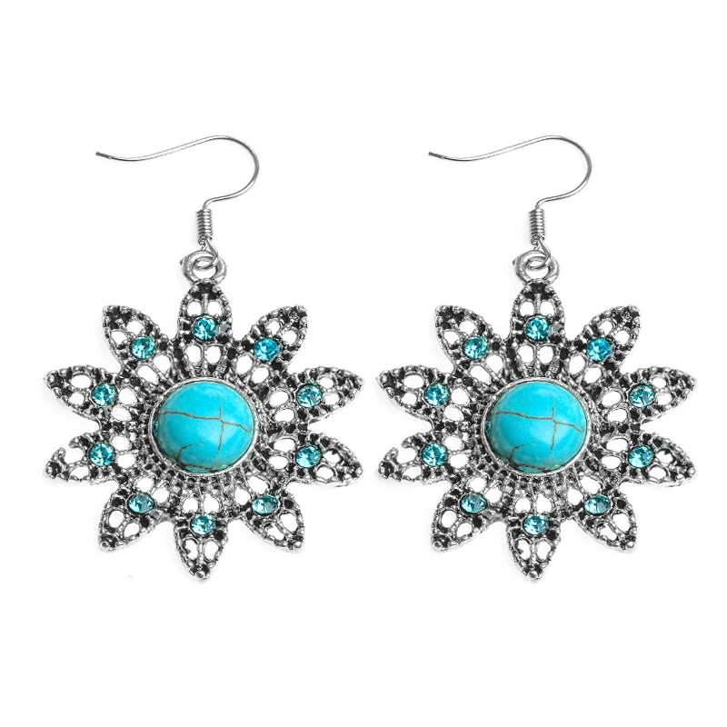 

SHUANGR Vintage Ear Jewelry Blue Natural Stone Austrian Crystal Sun Flower Drop Earrings For Women Gift pendientes brincos