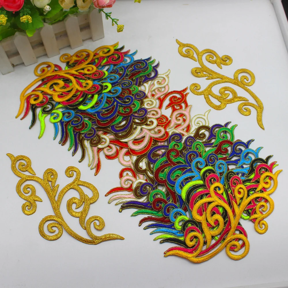 

YACKALASI 5 Pairs Mirror Pair Flower Appliqued Gold Edge Embroidered Iron on Patches 15 Colors 18cm*9CM