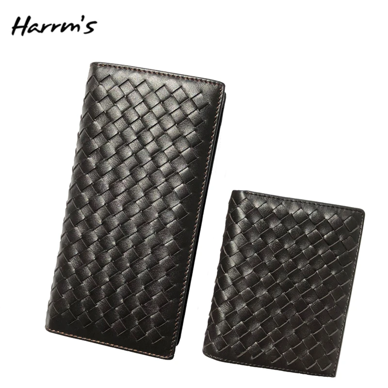 

Harrms Wallet Men Manual Woven Soft Cowhide Leather Fashion Purse 2 Style Long Wallet Clutch Three-Sided Design High Quality