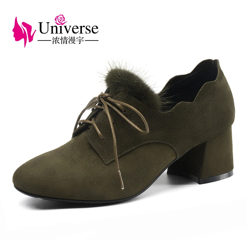 Talon Avec Suede Croix De Dames Fourrure Carré khaki yellow Lacets Lié Confortable Casuals Femmes Kid Black Univers Pompes Style À G338 Chaussures 7qawOzY
