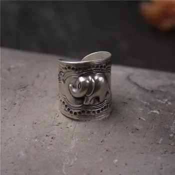 

Thai Silver Chiang Mai Handmade Silver Retro Filinal Ring 925 Sterling Silver Elephant Ring Men & Women Open Ended
