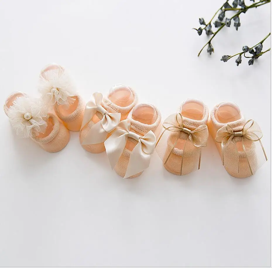 3 пар/лот, Детские Цветочные Носки, мягкие кружевные хлопковые носки для малышей, антискользящий для новорожденных, носки принцессы с бантами для маленьких девочек, фото - Цвет: Оранжевый