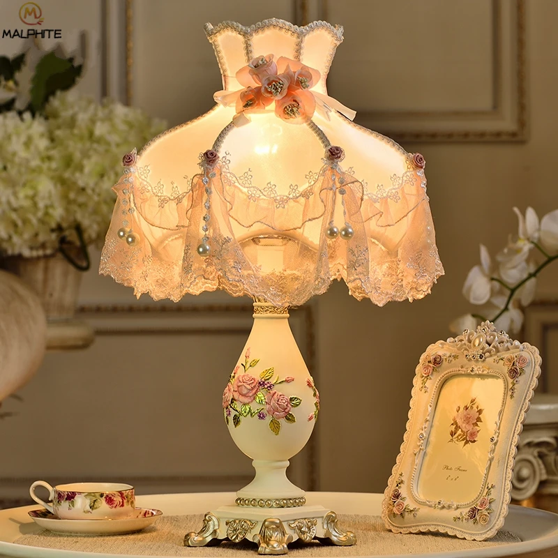 

french rustic resin desk light fabric lampshade princess room deco table lamps lamparas dormitorio Bedroom lighting fixtures