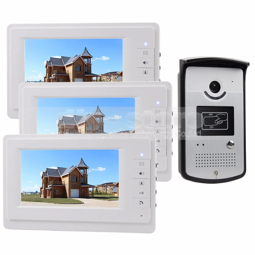 DIYSECUR 7 inch Wired Video Door Phone Kit 700TVL Camera RFID Unlocking Night Vision 3 Monitor