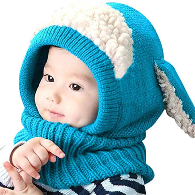 Милая зимняя теплая шапочка для маленьких мальчиков и девочек, шапка, шарф с капюшоном, ушанка для малышей, вязаные Лоскутные кепки с ушками животных, Лидер продаж - Цвет: Синий