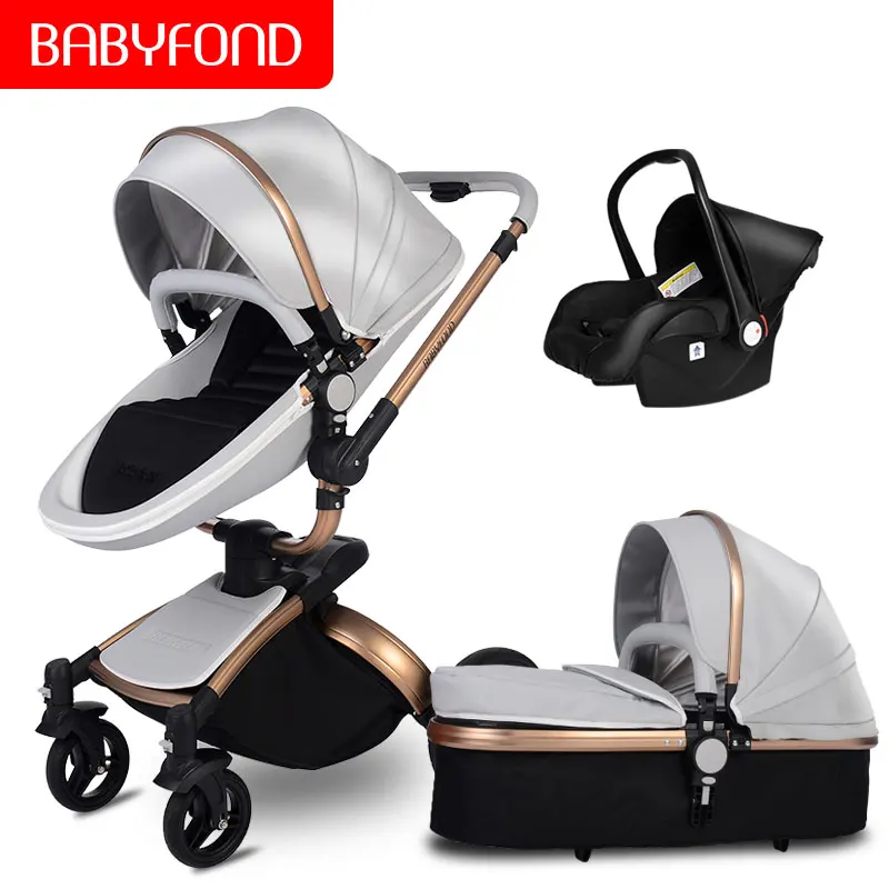 Babyfond Роскошная детская коляска с высоким пейзажем, 3 в 1, коляска для новорожденных, вращающаяся на 360 градусов, кожаное Европейское безопасное автокресло - Цвет: Grey 3 in 1 B