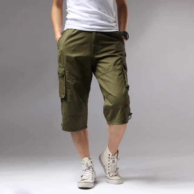 Long Length Cargo Shorts Men Knee Pocket Casual Cotton Elastic Waist