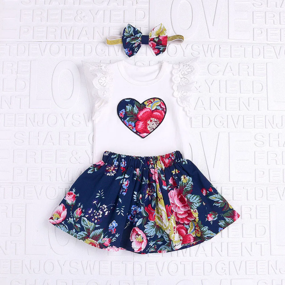 

Telotuny Baby Boy Girl Clothing Set High Qulity Cotton Love Print Lace Short Sleeve Top + Floral Short Skirt+Hair Band JU 14