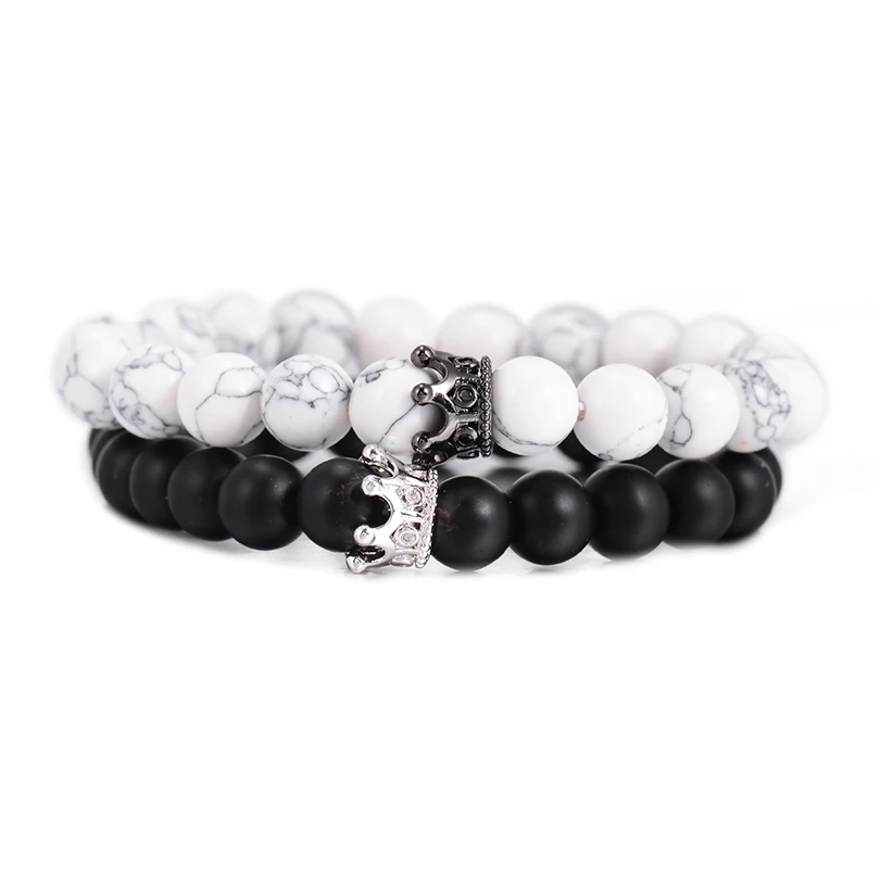 Simple Black White Stone Beads with Silver Color Alloy Crown Bracelet For Women Men Couple Bracelets Bangles Jewelry Lover Gift Simple Black White Stone Beads with Silver Color Alloy Crown Bracelet For Women Men Couple Bracelets Bangles Jewelry Lover Gift