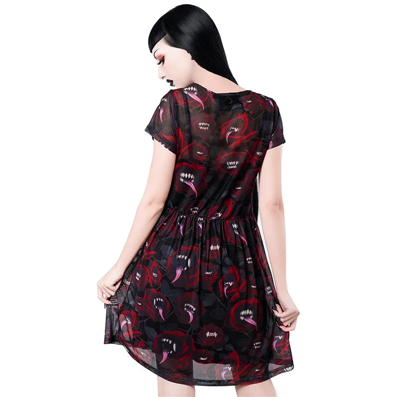 

Dark Red Short Sleeve Black A-line Dress Woman Halloween Costume Pumpkin Bat Spider Silk Pattern Halloween Dresses For Women