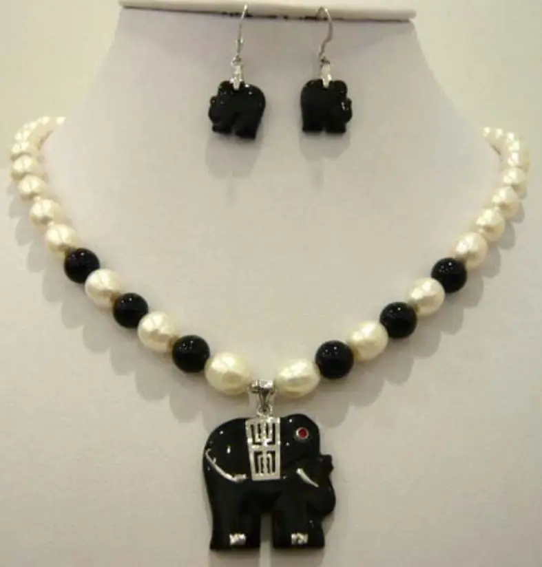 

Charming White Pearl Four Colors Jade Elephant Necklace Earring Jewelry Set AAA style 100% Natural jade Noble Fine jewe