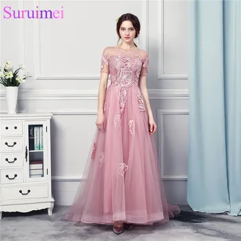 

A-Line Short Sleeves Evening Dresses Illusion See Through Applique Key Hole Back Long Evening Gown