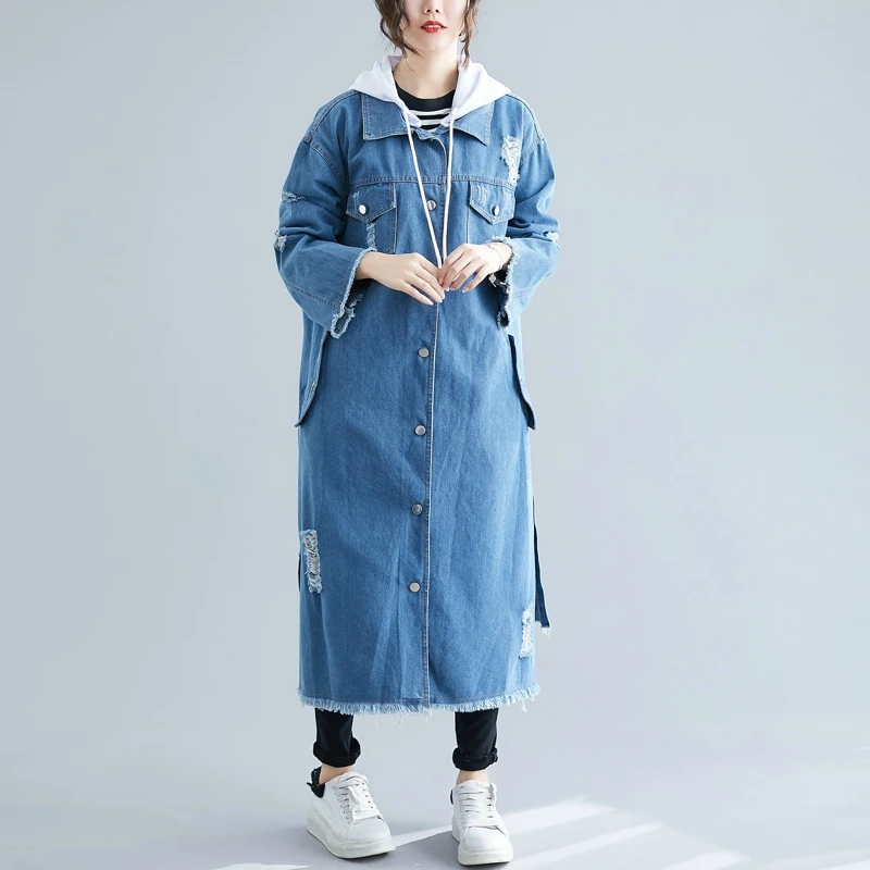 Female Denim Cardigan Hooded Trench Detachable Long Hoodie Denim Trench Coat Women's Windbreaker Large Size Ladies Clothes