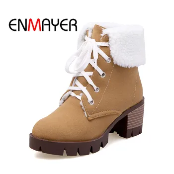 

ENMAYER 2020 Lace up Ankle Strap Boots Spring And Summer High Quality Square Heel Boots Woman Casual Shoes Footwear 34-43 WHY189