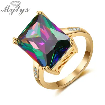 

Mytys Square Prong Setting Electroplating Colorful Cubic Zircon Ring Yellow Gold GP Fashion Ring for Women Jewelry Gift R1928