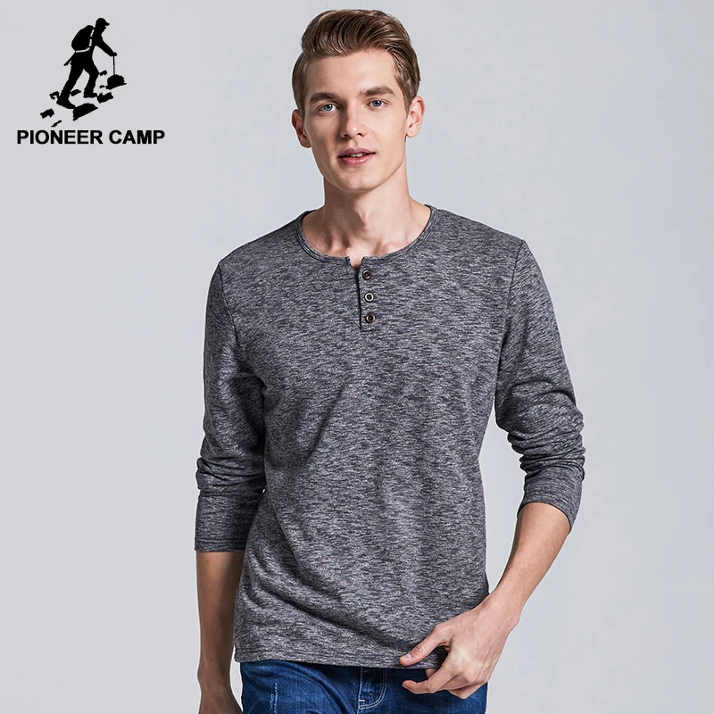

Pioneer Camp New design T shirt men brand clothing long sleeve T-shirt male top quality button neck casual Tshirt ACT702130