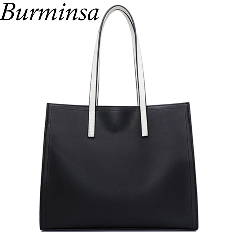 

Burminsa Big Women Genuine Leather Handbags Soft Shoulder Messenger Bags Causal Tote Female Shopper Bags Winter 2018 Black White
