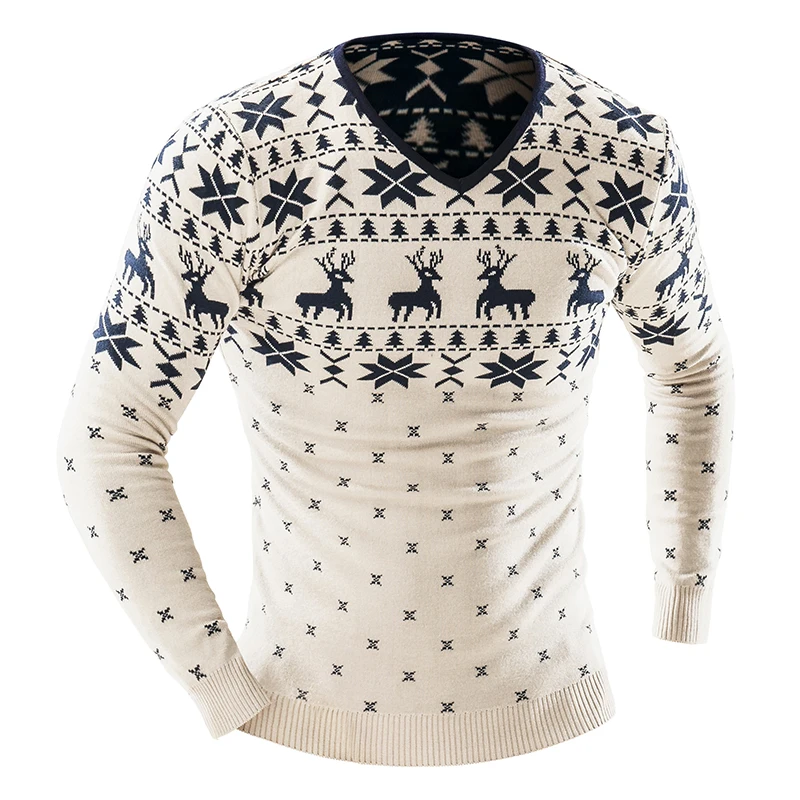 

Men Christmas Sweater Jumper 2019 Autumn Winter Mens Pullover V Neck Deer Pattern Slim Fit Knitted Christmas Sweaters Knitwear