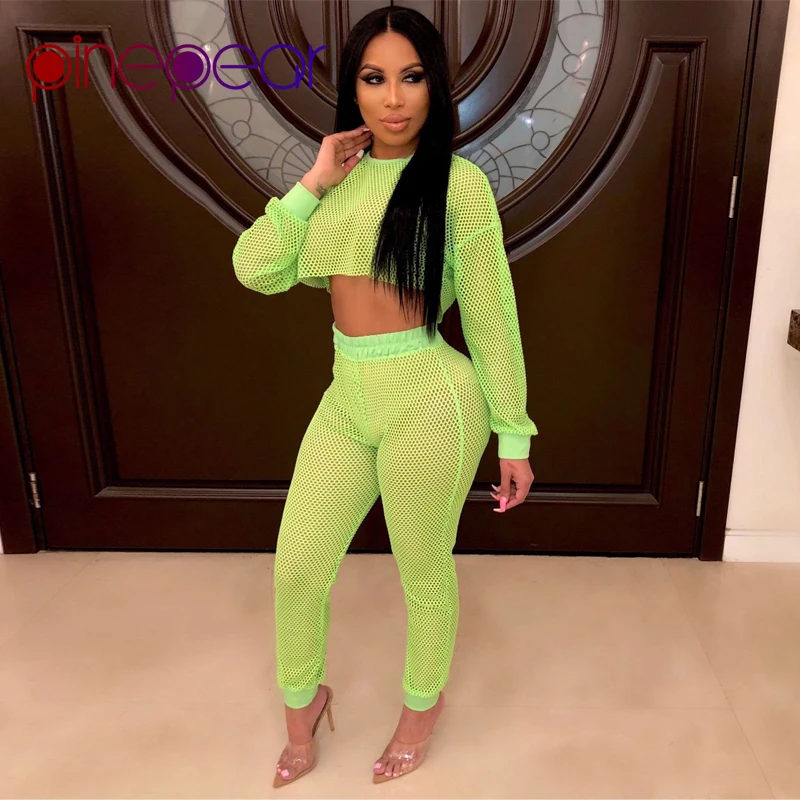 

PinePear Fishnet Long Sleeve Crop Top and Pants 2 Piece Set Sportswear 2019 Women Breathable Yoga Set Sport Suit Wholesale