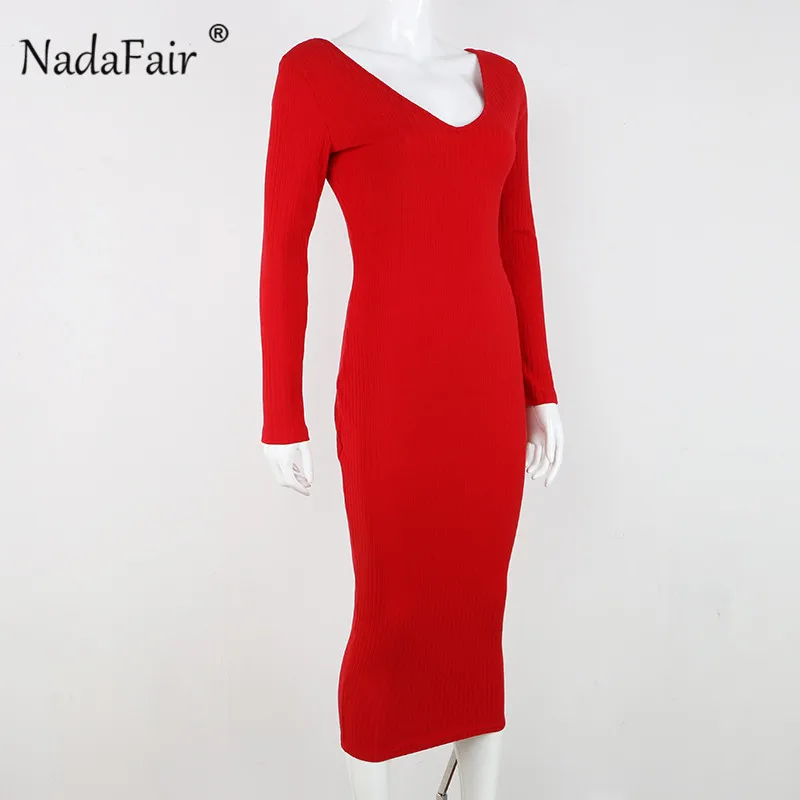 Nadafair трикотажное платье миди с открытыми плечами для женщин Клубная праздничная одежда осень зима открытая спина v-образный вырез с длинным рукавом сексуальные платья бодикон