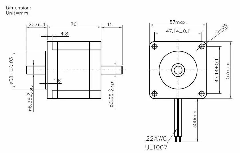 Motor Deslizante 76mm 3a 18.9 Kgcm 2 Fase 4-fio Híbrido Eixo Duplo 6.35mm Nema23 270oz-in - 3 kgcm 2 fase 4-fio híbrido (eixo duplo 6.35mm)