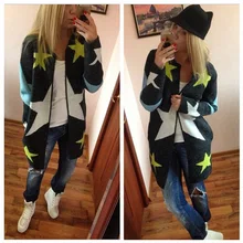 Long Loose Warm Knitted Cardigans Women Long Sleeve Autumn Sweaters Star Pattern Print Casual Outwear dark grey embroidery pattern lantern sleeves knitted cardigans