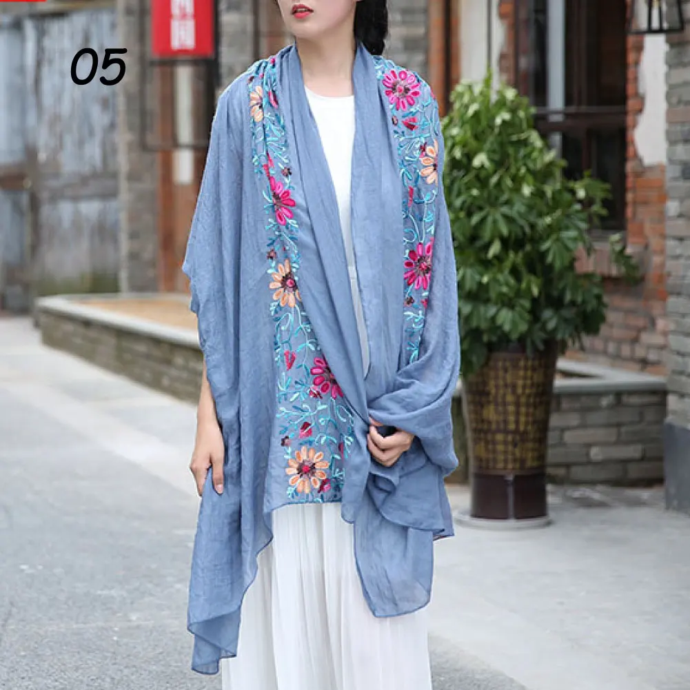 Sparsil женский вышитый шарф из хлопка и льна Мягкий тонкий летний весенний цветочный шарф большой размер 170*90 см мусульманские шарфы шали - Цвет: 05 Denim Blue