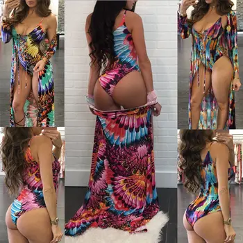 

GLANE Women One Piece Bikini+Cover Ups Padded Halter Swimsuit Summer Swimwear Beachwear Suit