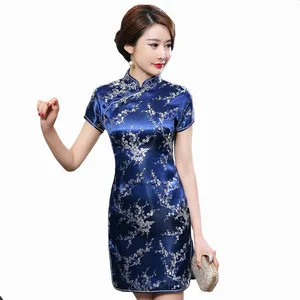 Navy Blue Satin Qipao Summer Lady Traditional Chinese Style Cheongsam Dresses Women Mandarin Collar Silm Qipao Dress Size S-XXL
