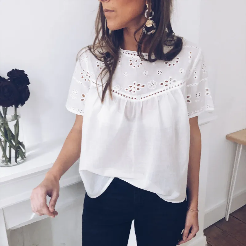 

Summer White Shirt Hollow Out Office Elegant Blouse Short Sleeve Sexy Translucent Tops Solid 2019 Women Loose Beach Clothes