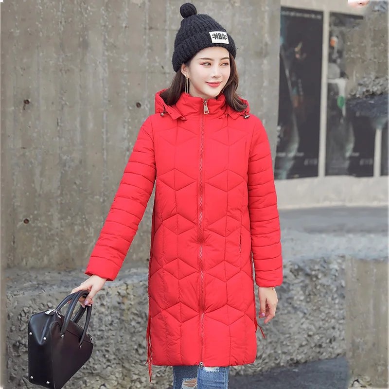 Новое поступление, зимняя женская куртка с капюшоном, 7 цветов, длинное женское пальто с подкладкой, верхняя одежда, парка, Chaqueta Mujer Invierno - Цвет: Red