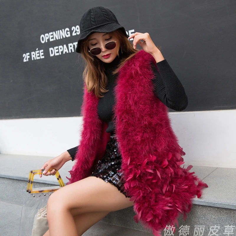 

Women spring autumn winter real turkey feather vest ostrich feather waistcoat medium long V-neck female