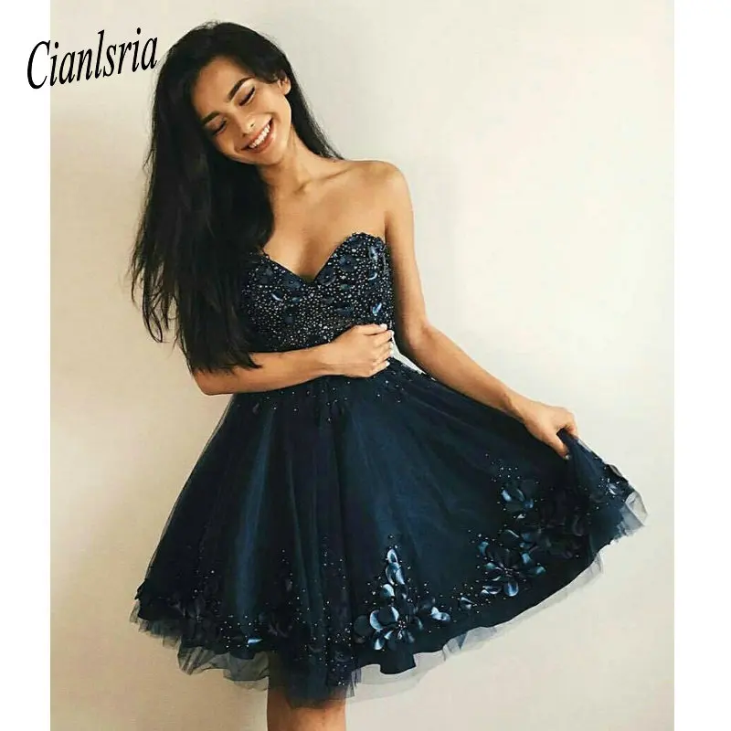 

Dark Navy Blue Tulle Beaded Sweetheart Homecoming Dress with 3D Floral Appliques Cocktail Dresses