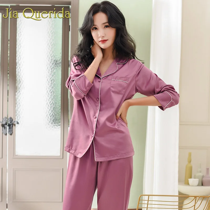 

J&Q Satin Silk Pajama 2019 New 2pcs Sleepwear Lounge Suit Women Purple Elegant Glossy Breathable Wrinkle Resistant Satin Pajamas