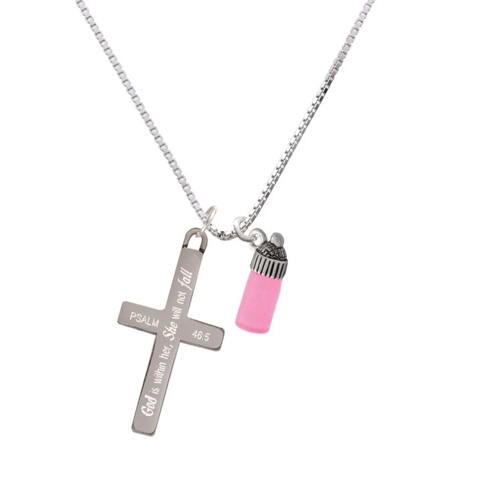 3-D Pink Baby Bottle - She will not Fall - Cross Necklace